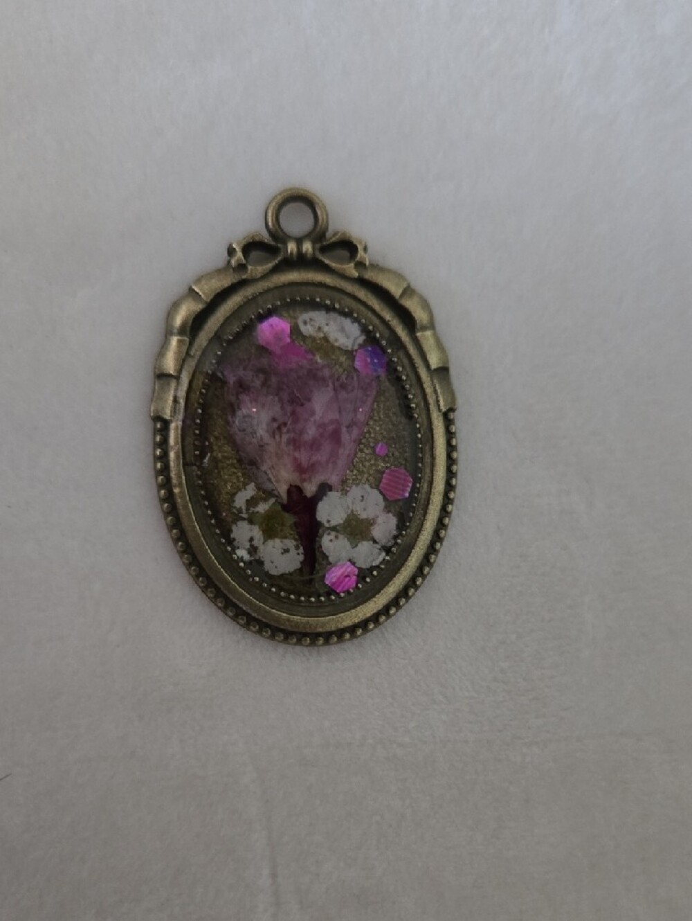 Hand Crafted Antique-Style Pink Floral Resin Pendant Necklace in Gold Tone